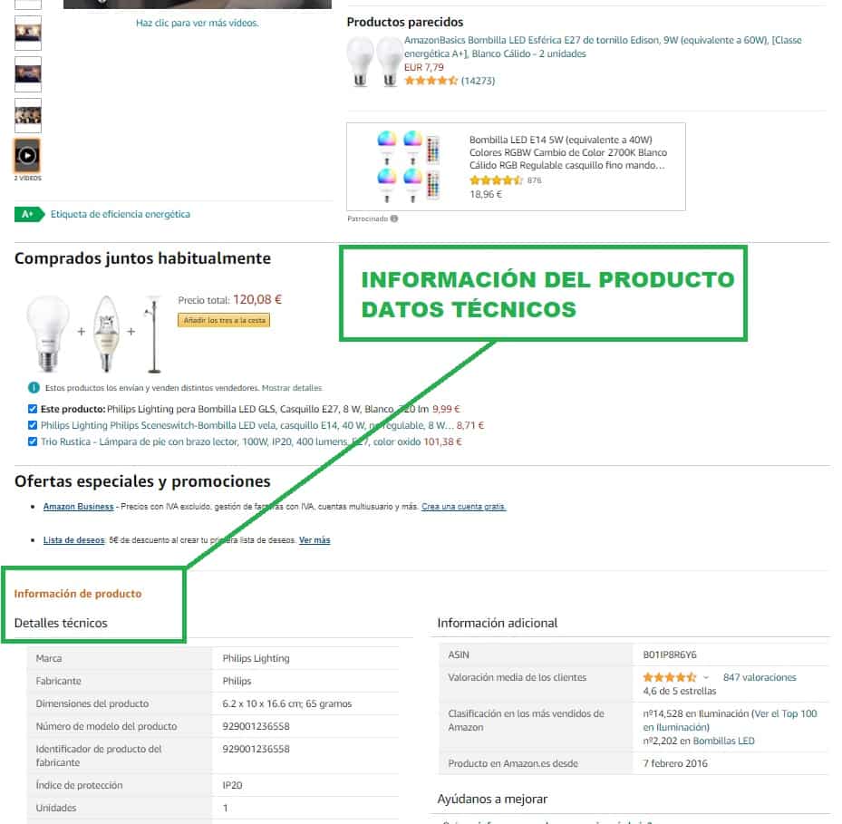 Captura de pantalla de la Información de producto. Datos técnicos.